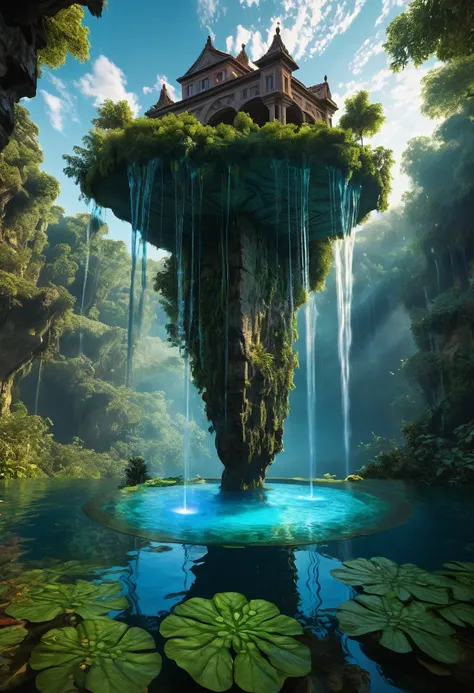 Waterfall Medium shot. Floating island in a sky, with holographic waterfalls and ancient symbols,  intertwined with bioluminescent vines. Wide angle lens. Vibrant dreamlike colors with volumetric mist and glowing detail. Holographic water ripples and biolu...