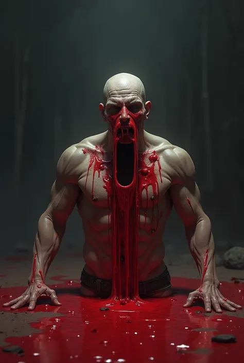 Create 1 image showing 1 animated man whose face is not visible with 1 open wound on his chest from which blood is gushing like a fountain. Blood could stain the ground and the surroundings, creating an atmosphere of despair, Please!