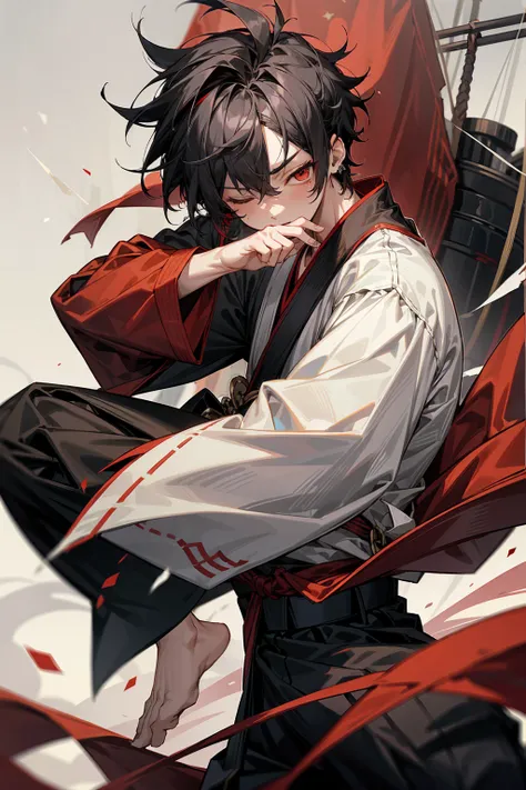 1male, adult, two-toned hair, white and black hair, messy hair, short hair, large ear rings, red martial arts clothing, black ba...