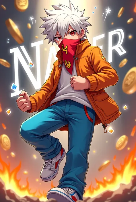 Make me a profile picture where this is an anime style boy with an orange jacket, white hair, red eyes, plain blue paxn-type pants with white details, white shoes with blue lines and that he has a red handkerchief tied around his mouth with yellow details ...