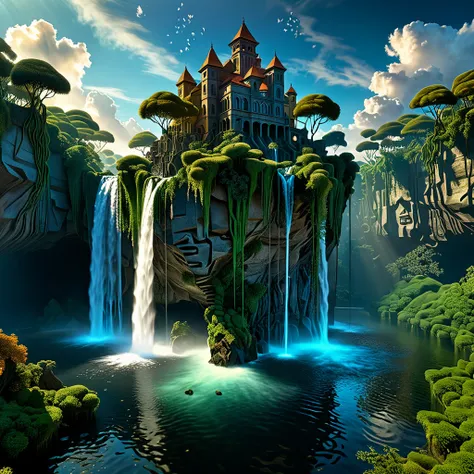 Waterfall Medium shot. Floating island in a sky, with holographic waterfalls and ancient symbols,  intertwined with bioluminescent vines. Wide angle lens. Vibrant dreamlike colors with volumetric mist and glowing detail. Holographic water ripples and biolu...