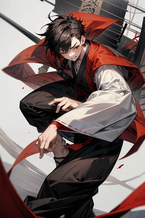 1male, adult, two-toned hair, white and black hair, messy hair, short hair, large ear rings, red martial arts clothing, black ba...