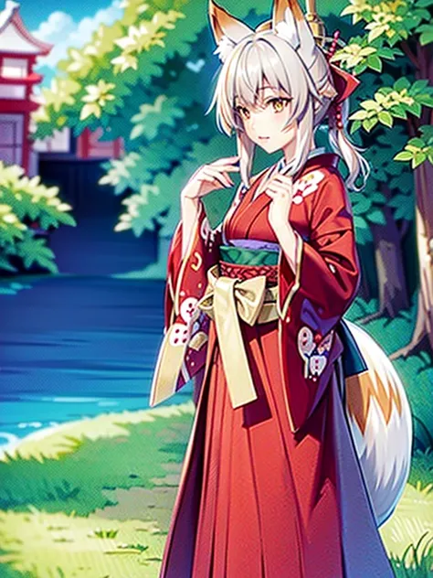 Anime, girl, fox ears, fox tail, big tail, bushy tail, big ears, hakama, furisode, Japanese town