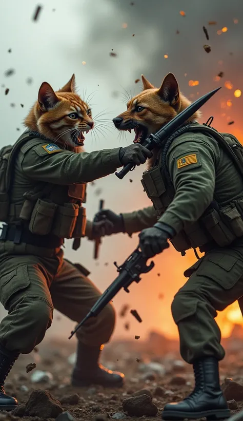 Intense close-up of cats and dogs in military uniforms engaging in hand-to-hand combat with knives and bayonets, surrounded by smoke, debris, and fire. Fierce expressions and chaotic action dominate the scene."
