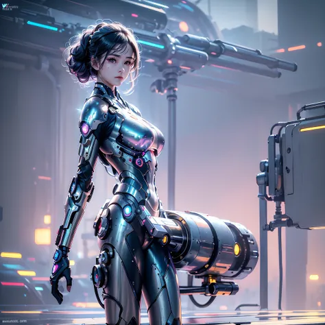 , silver girl  ，mechanical_arms,side, steam machine floating in the cyberpunk city, There is A huge Triangular spaceship energy blast in the edge of the Earth, Cosmic galaxy,Super exquisite,Super shocking, (masterpiece)(best quality)(illustration), ultra h...