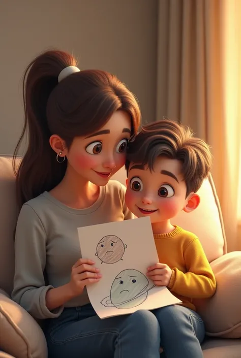 animated boy and his mom sitting on the couch talking, while his mother shows him a drawing of a sad planet. The image must be in horizontal format. that it is in A2 format
