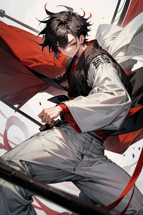 1male, adult, two-toned hair, white and black hair, messy hair, short hair, large ear rings, white martial arts clothing, black ...