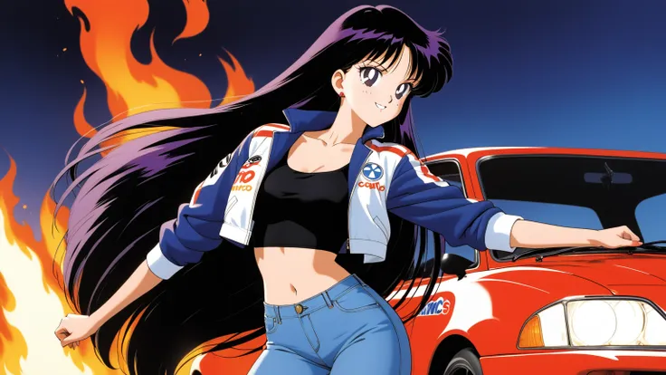 aamars, very long hair, black hair, parted bangs, purple eyes, 1990s \(style\), 1 girl, solo, best quality, masterpiece, high de...