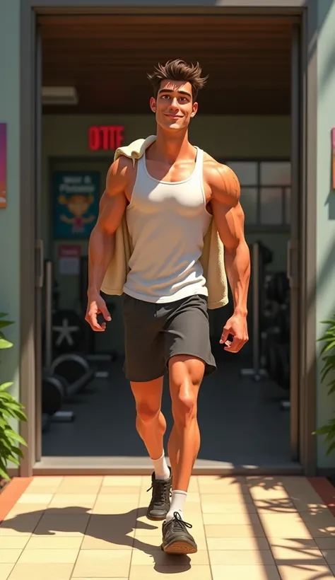 "A slim man exiting the gym, his body glistening with sweat after an intense workout. He is wearing a fitted tank top and shorts, with a towel casually slung over his shoulder. His expression shows a mix of exhaustion and accomplishment, and his lean muscl...