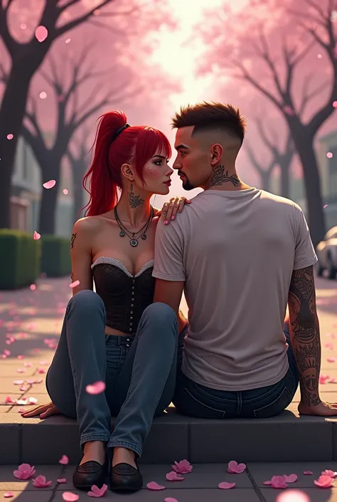 A red haired woman with tattoos freckles and gauged ears wearing a corset top and jeans sitting on the curb facing the camera next to a man with short brown buzzed hair and short goatee with oni styled tattoos, hes wearing a Naruto shirt his arm around her...