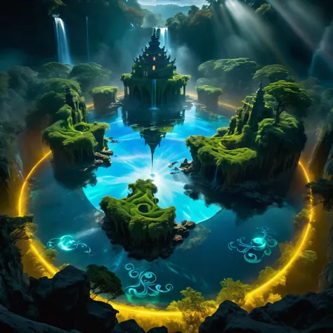 Waterfall Medium shot. Floating island in a sky, with holographic waterfalls and ancient symbols,  intertwined with bioluminescent vines. Wide angle lens. Vibrant dreamlike colors with volumetric mist and glowing detail. Holographic water ripples and biolu...