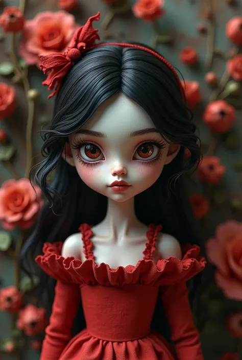 Inspired by Tim Burton,3D girl close-up ,red dress,backgroud com flores grunge