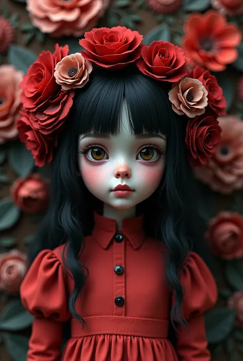 Inspired by Tim Burton,3D girl close-up ,red dress,backgroud com flores grunge