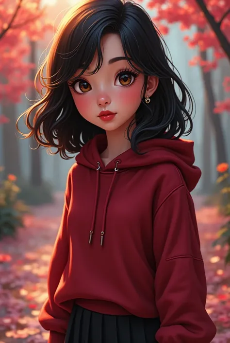 Make a Disney-style image of a brunette girl, with slightly wavy black hair (2a) up to the chest, con curtain bangs, brown eyes and black eyelashes, Half red lips with a marked cupid&#39;s bow, diamond shaped face, nails painted red wine red and she is dre...