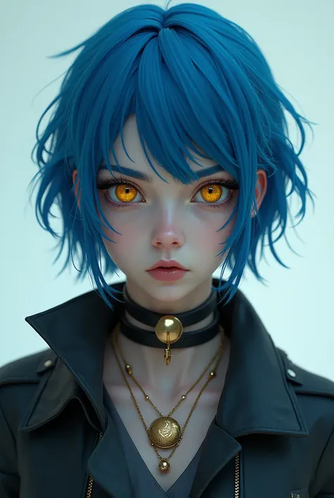  girl with a serious face, short blue hair, yellow eyes, with accessories referring to the planet Mercury