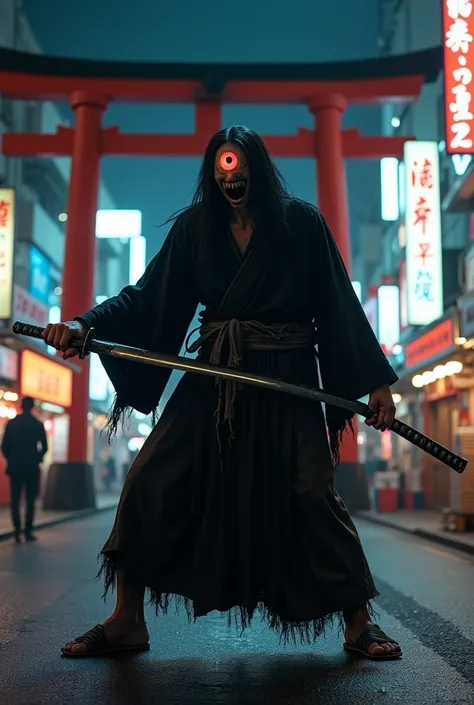 A scene from a movie、photograph、Real、8k、Kabukicho at night、Red Light District、torii、Japan、Grotesque Eyeball、The Hyakki Yakou is standing with his legs apart, wearing a tattered black kimono、Japan刀を持っている