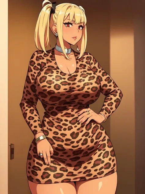 shatte judesvain,super robot taisen,red eyes,big breast,cleavage,((solo)),((1girl)),blonde hair,((leopard print dress)),long sle...