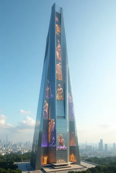 I want you to make the image of a 650-meter skyscraper and that this skyscraper ends in a point.. The windows of these must be 4 meters each and these must be painted with images of Greek gods.. ( and the image must be photo realistic and each image can be...