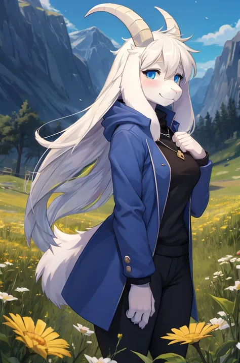 woman, young adult, shy, shy expression, alone, in a field of flowers, furry, goat, anthropomorphic goat, Asriel, Undertale ((Asriel Dreemurr)), large medium breasts, big ass, wide hips, slender female body, tall, ((long hair, long white hair, straight hai...