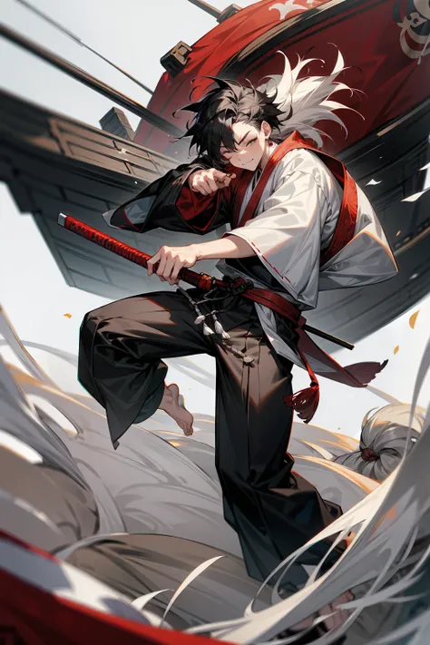 1male, adult, two-toned hair, white and black hair, messy hair, short hair, large ear rings, white martial arts clothing, black ...