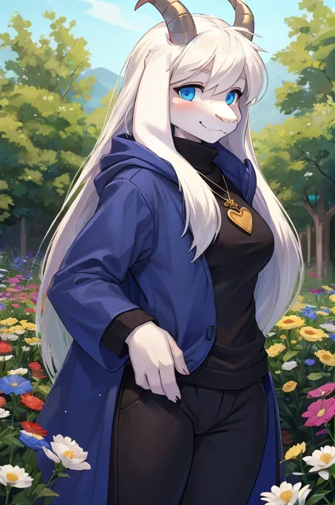 woman, young adult, shy, facial expression (Ashamed), shy, alone, in a field of flowers, furry, goat, anthropomorphic goat, Asriel, Undertale ((Asriel Dreemurr)), medium large breasts, big ass, wide hips, slender, tall, female body ((long hair, long white ...