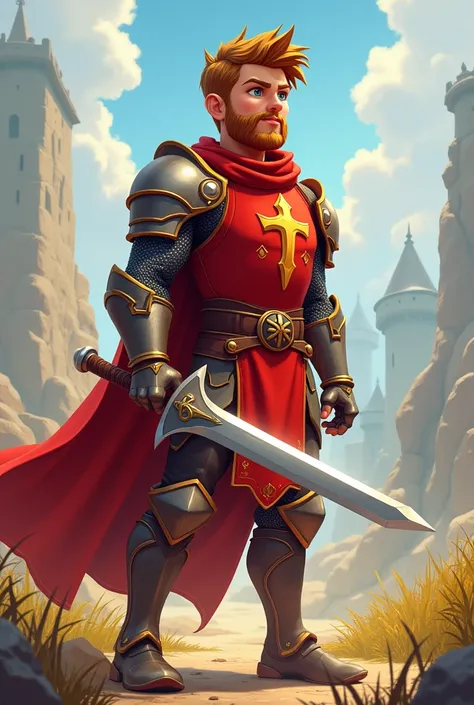 A 20 year old young man, height 1,78, small chestnut beard, strong and fearless, with his armor in red tones and shining. Aric is brave and loyal, known for his skill with the sword, always in search of justice and honor and in cartoon make him younger 