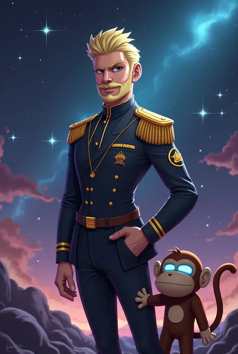 A black character from Among Us, with a gold cord, half blonde hair, beard and mustache with a mascot being a monkey, I want a space background 