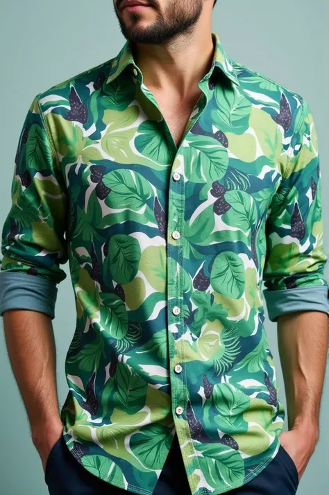 Button-down shirt with a print of green leaves and a cool background tone 