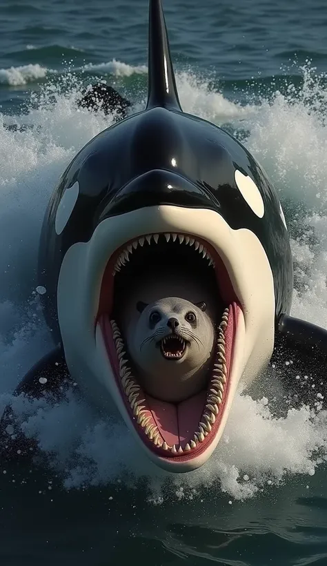 Generates an image of an orca with a seal in its mouth 