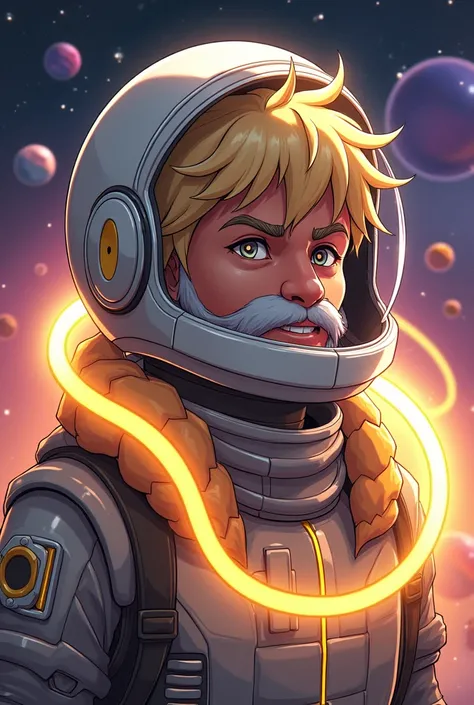 A black character from Among Us, adult, healed with a gold cord, half blonde hair, gray beard and mustache with a mascot being a monkey, I want an anime style space background, I want to see more of the face and a little of the torso, with astronaut helmet...