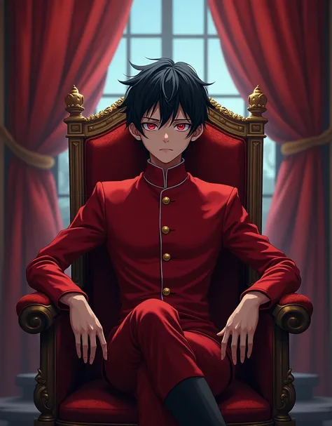 Fantasy. A young adult with black hair, red eyes, and an evil expression sits pensive in a theater seat, as if he were very worried. The young man is wearing a red student uniform. Anime style. Fantasy style.