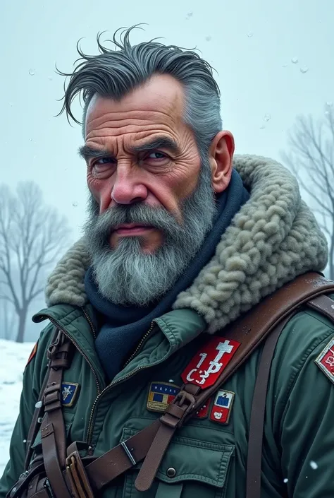 Generate the image of a general in the glacial apocalypse with a tough and firm face for a cartoon-style profile picture 