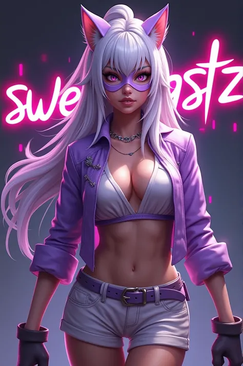 Free Fire game style female character, with lilac and white hair, feline style, with a kitten ear on top of her hair (leonine fury, com uma máscara lilás feline style, with a blouse with a very sexy neckline, with short white shorts and lilac belt, black a...