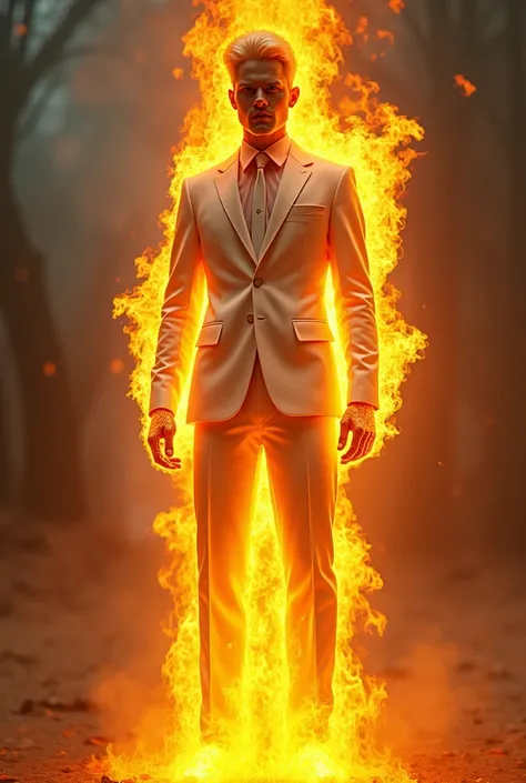 A guy of 2,05 tall 4 white with blond hair with brown eyes wearing a white suit, catching fire