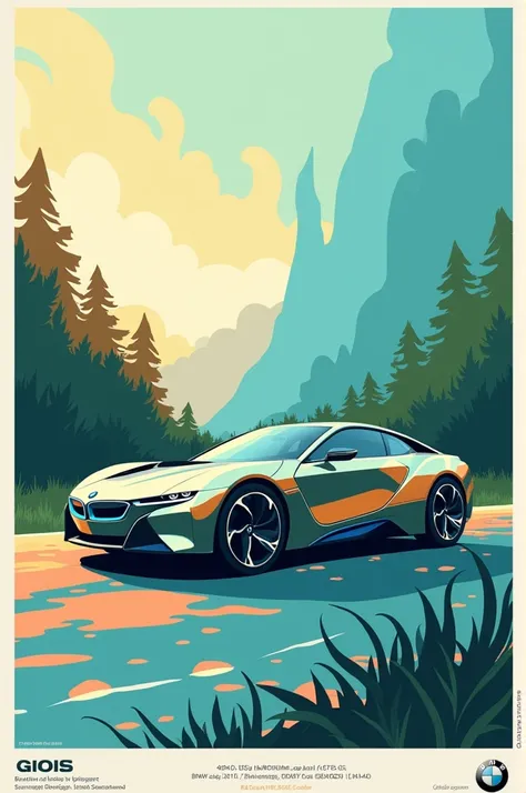 Poster of a BMW brand car where the car is ecological and electric that attracts the public&#39;s attention to increase sales With an eye-catching message for a university project 
