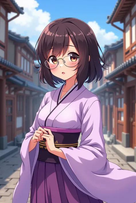 Girl with dark brown shoulder-length curly hair wearing lilac-colored ancient Japanese clothing, brown eyes and light brown skin tone, subtly pink lips and blushing cheeks with glasses, medium build and background of old Japanese houses, anime cartoon styl...