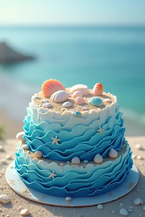 "A cake in ocean wave blue with seashell decorations."