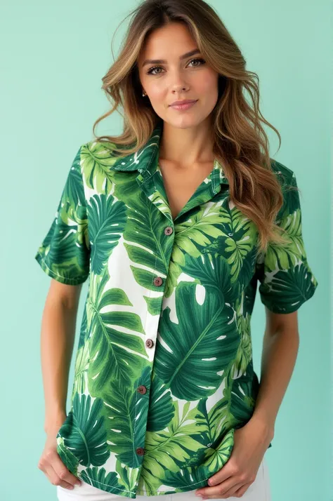 Women&#39;s shirt with tropical leaves in the print