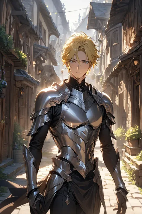 ((masterpiece), best quality, high quality, professional quality, highly detailed, highres, perfect lighting, natural lighting), (1boy, slender, handsome, goatee, short hair, yellow hair), wearing silver armor,fantasy paradin, casting a spell, in a fantasy...