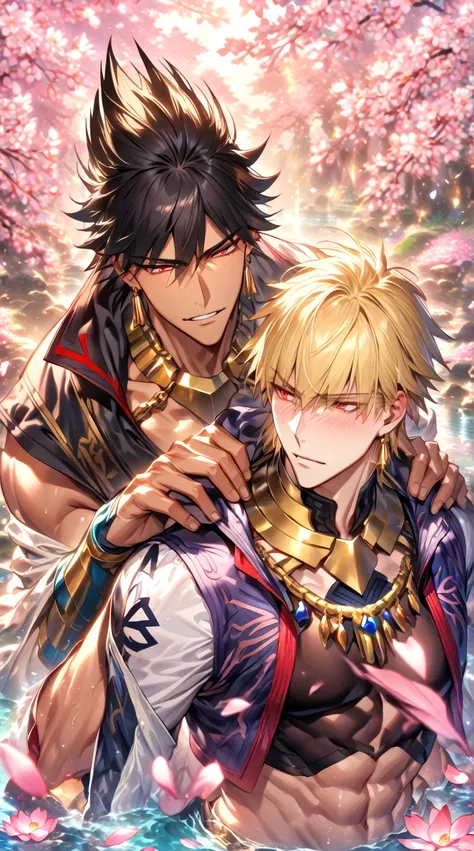 absurdres, highres, ultra detailed, HDR) master piece, best quality, extremely detailed, Gilgamesh, blonde hair, expressive red eyes, Fate Grand Order, tanned skin, Ozymandias, black hair, expressive red eyes, two sexy men together, gay couple, yaoi, in lo...