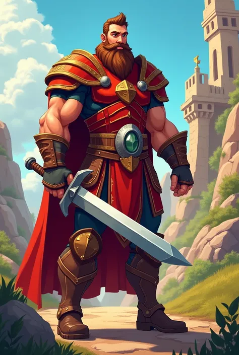 a young man of , height 1,78, brown beard,  strong and fearless, with his armor in red tones and shining. Aric is brave and loyal, known for his skill with the sword, always seeking justice and honor,And in 2D,cartoon