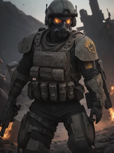 helldivers soldier, 1person, highly detailed, extremely detailed face and eyes, military uniform, assault rifle, explosions, futuristic sci-fi landscape, advanced technology, dark moody lighting, cinematic dramatic lighting, gritty realistic, (best quality...