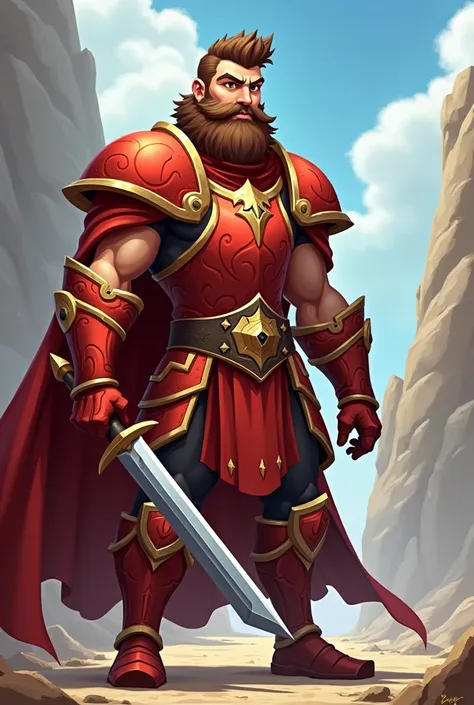 a young man of , height 1,78, brown beard,  fearless, with his armor in red tones and shining. Aric is brave and loyal, known for his skill with the sword, always seeking justice and honor,And in 2D,cartoon