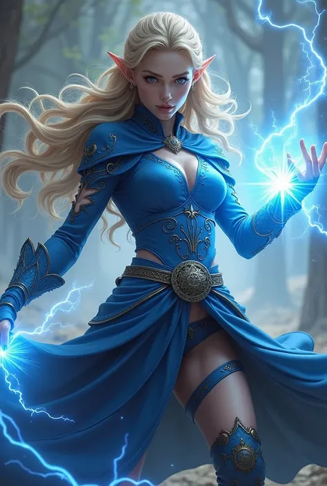 ((Best Quality)), ((masterpiece)), ((detailed)), ((High Definition)), an female elf wizard, with a blue battle dress. With magical runes of aura and storm/lightning energy, Around it. dynamic movements, fighting pose, Coasting many casts of different eleme...