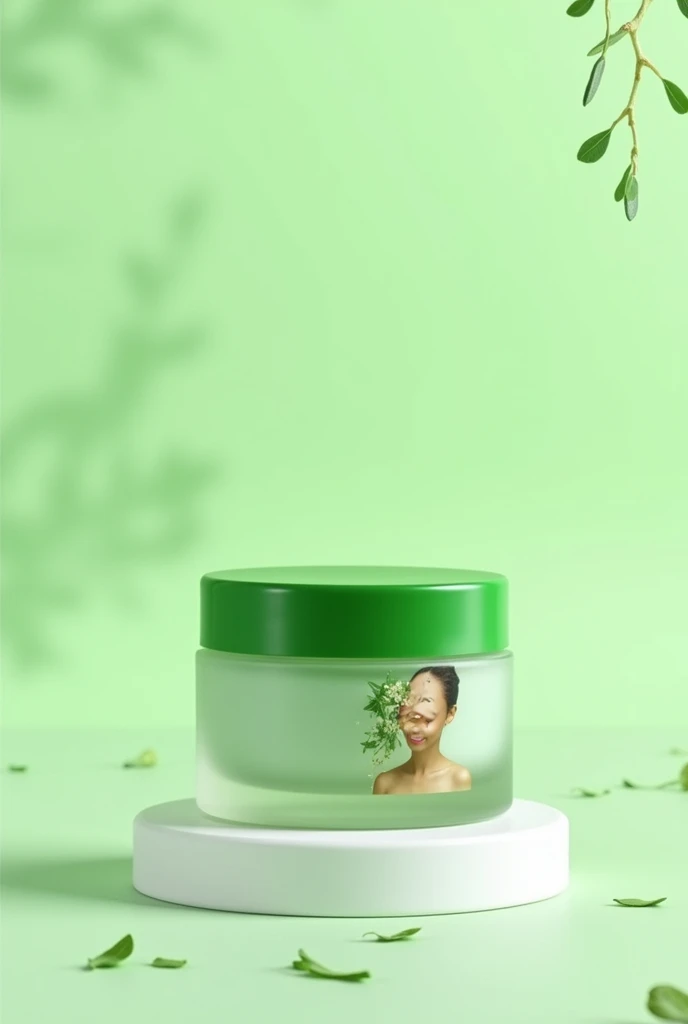 Cucumber cream packaged with a white bottom green lid transparent glass container with a girl 