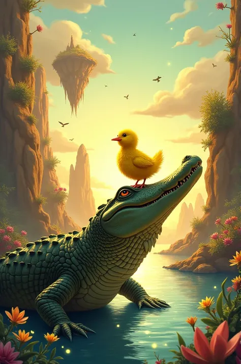 Create a drawing of an alligator and a yellow chick 