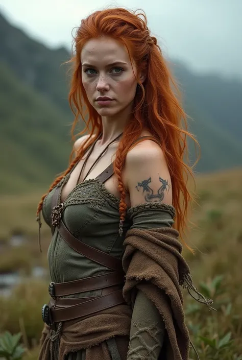 Absolute realism of Norse mythology, Vikings e Celtas, just a celtic warrior, beautiful landscape in the background, Image 9k , this strong and thin warrior, redhead with long wavy hair , strong muscle, but strong and thin warrior, looking forward, facing ...