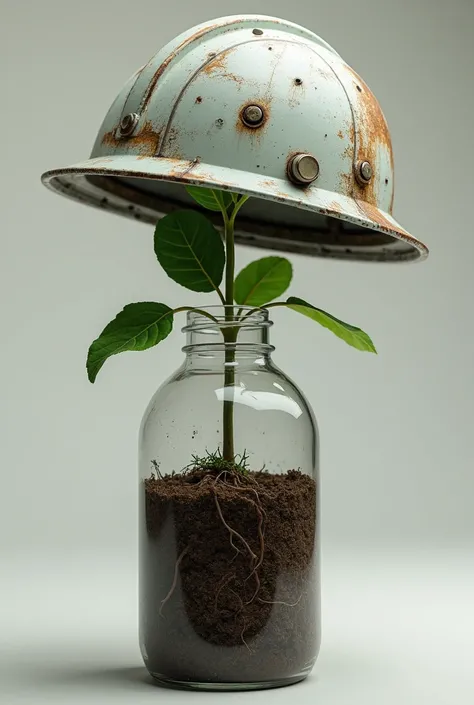 Create a realistic image of a Engineers Helmet holding a sprouting plant in a plastic bottle. The Engineers Helmet should have detailed textures. The plant should appear vibrant and healthy, with intricate leaves and roots visible through the plastic. 