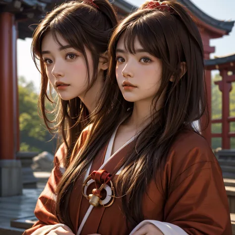 A close-up of the shrine maiden&#39;s face, looking towards the viewer with a slight smile。The hair is long、She has a flower ornament on her head。
Brown Hair, Simple Background, High-resolution model, 