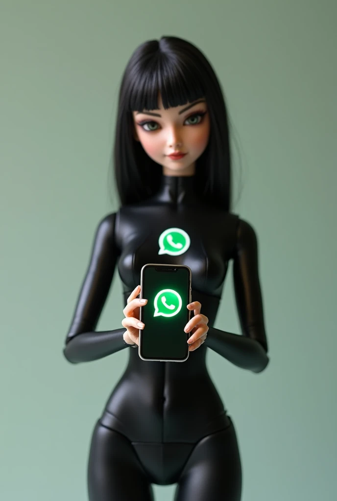 I want you to make a doll holding a cell phone with the WhatsApp logo and wearing black clothes with the WhatsApp logo 